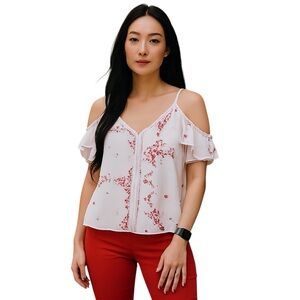 ANTHROPOLOGIE CURRENT AIR NELLI LATTICE DETAIL COLD SHOULDER TOP L